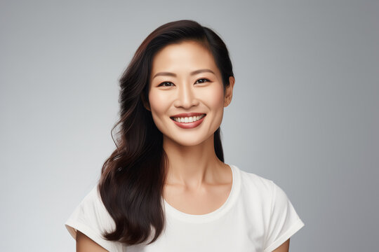 A photo portrait of a beautiful mongolian woman over 30 years old, smiling with clean teeth, perfect teeth. To advertise dentistry. Highlighted on a white background, copy space