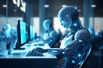 AI robots working on computers - obrazy, fototapety, plakaty
