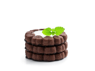 Stack of cream filling chocolate biscuits isolated on white