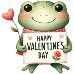 Cute frog holding a card with "Happy Valentine's Day", Watercolor, Isolated on transparent background. Generative AI