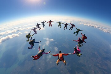 A group of people skydiving and making a formation in the sky