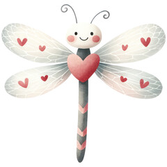 Cute dragonfly with hearts, Happy Valentine's Day, Watercolor, Isolated on transparent background. Generative AI - obrazy, fototapety, plakaty