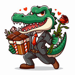 Fototapeta premium Vector illustration of crocodile carrying chocolates and flowers. Vector eps 10