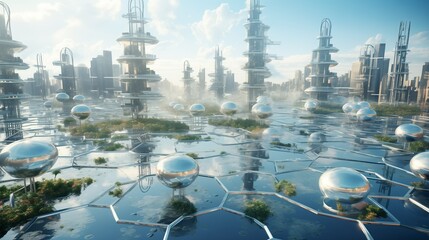 A floating cityscape with transparent walkways and bio-domes
