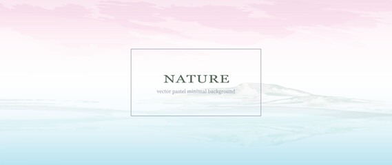 Watercolor landscape. Mountains ans sea. Minimal background in pastel colours. Watercolor textured vector banner. 