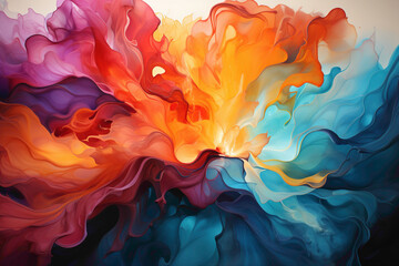 Electric turquoise and fiery orange oils converging in a vibrant collision, forming an abstract celebration of colors.