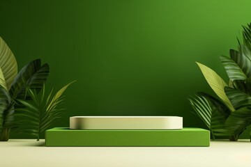 A green color stage, podium, or dias for product showcase, display, or exhibition for photoshoot