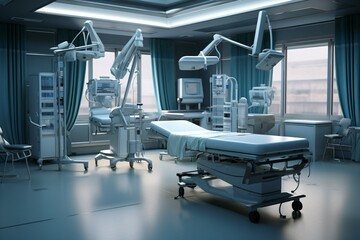Operating room with an operating bed and equipment in a hospital - obrazy, fototapety, plakaty