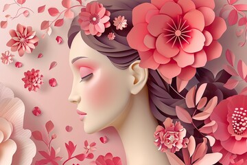 Beautiful paper art concept of a woman with flowers in her hair. International Women's Day concept.