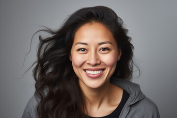 Fototapeta premium A photo portrait of a beautiful mongolian woman over 30 years old, smiling with clean teeth, perfect teeth. Highlighted on a white background, copy space