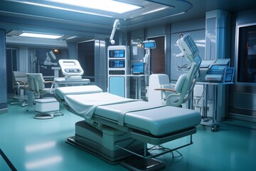 Operating room with an operating bed and equipment in a hospital