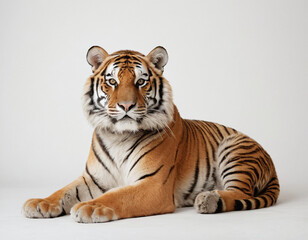Majestic Tiger Lying Down with Alert Gaze on White Background Wildlife 