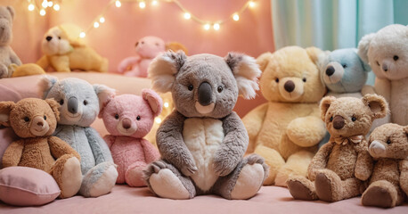 Collection of Soft Plush Teddy Bears and Koala Toy with Festive Fairy Lights Background in Warm Pastel Tones