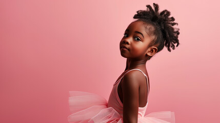 
candid portrait of a little african girl in a pink ballerina tutu posing isolated on a pink pastel background with copy space. concept - advertising of a ballet school, ballet class for children - obrazy, fototapety, plakaty