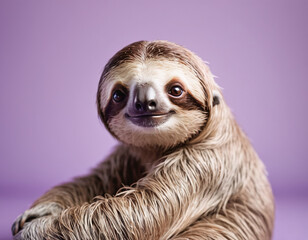 Fototapeta premium Cute Smiling Sloth Close-Up on Purple Background Perfect for Wildlife and Nature Themes