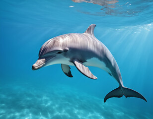 Fototapeta premium Graceful Dolphin Swimming Underwater in Crystal Clear Blue Ocean Waters