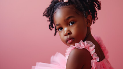 
candid portrait of a little african girl in a pink ballerina tutu posing isolated on a pink pastel background with copy space. concept - advertising of a ballet school, ballet class for children