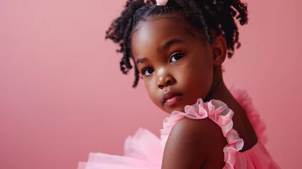 Fotobehang  candid portrait of a little african girl in a pink ballerina tutu posing isolated on a pink pastel background with copy space. concept - advertising of a ballet school, ballet class for children © ALL YOU NEED studio