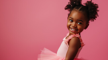 
candid portrait of a little african girl in a pink ballerina tutu posing isolated on a pink pastel background with copy space. concept - advertising of a ballet school, ballet class for children