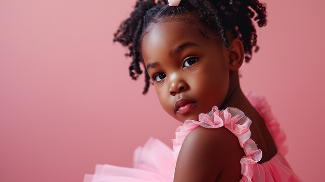 Fototapeta  candid portrait of a little african girl in a pink ballerina tutu posing isolated on a pink pastel background with copy space. concept - advertising of a ballet school, ballet class for children