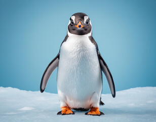 Adorable Gentoo Penguin Standing on Ice with a Blue Background in Antarctica
