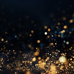 Fototapeta na wymiar Abstract festive dark / black background with gold glitter and bokeh, luxury background, copy space