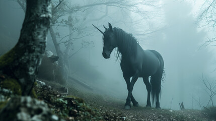 silhouette of a black unicorn in a mystical foggy forest. fantastic creation, fantasy concept