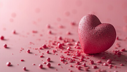 Obraz premium Red heart on pink background. One heart-shaped object is located to the side, there is space for text.