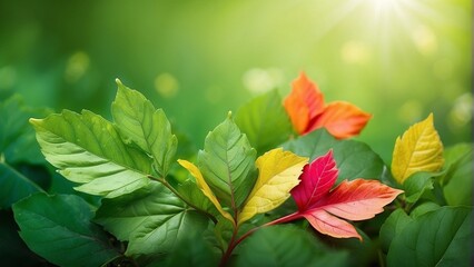 summer green leaves with colorful background  