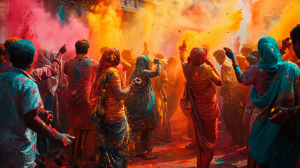 Fototapeta na wymiar A crowd of Hindus sprinkle each other with paints at the traditional Holi paint festival.