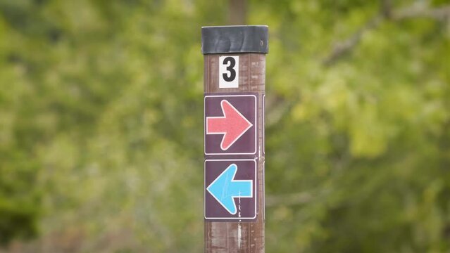 Trail marker indicates direction of pathways in nature preserve, shot with depth of field and no identifiers for broad use
