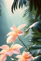 Fototapeta na wymiar Tropical leaves and colorful flowers background