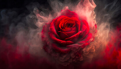 Czerwona róża, czarne tło, dym - obrazy, fototapety, plakaty