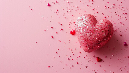 Red heart on pink background. One heart-shaped object is located to the side, there is space for text.