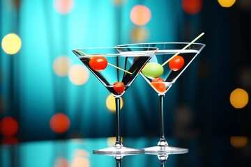 Two cocktail glasses in a bar or night club