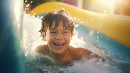 Portrait of a happy smiling boy who appears from a slide in a water park in summer in sunny weather. - obrazy, fototapety, plakaty