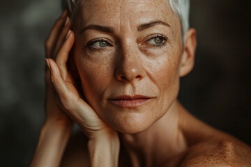 European woman, over fifty years old, well-groomed, with short hair and natural makeup touches her...