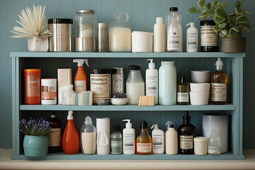 Fototapeta na wymiar Generative AI - Shelves with a lot of products for body and skin care
