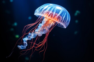 Naklejka premium A jellyfish isolated underwater, swimming in the ocean