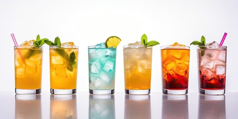Vibrant tropical cocktails with ice, fruit garnish, and a straw, served at a lively party. - obrazy, fototapety, plakaty