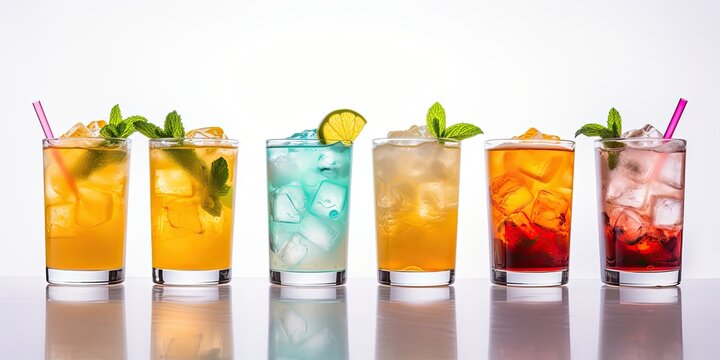 Vibrant tropical cocktails with ice, fruit garnish, and a straw, served at a lively party.