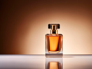 bottle of perfume on a brown background with reflection, close up