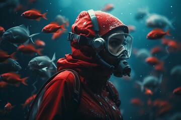 Closeup of a scuba diver among the fish herd - obrazy, fototapety, plakaty