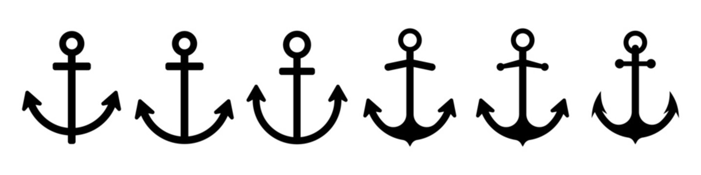 Anchors icons set on isolated background. Anchor in sea. Nautical symbol. Simple anchor collection flat style. Vector EPS 10