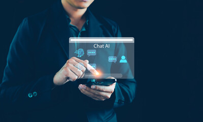 Chatbot Chat with AI concept, Artificial Intelligence. Businessman us technology smart robot AI, Artificial intelligence by command prompt to generate something, Futuristic technology transformation