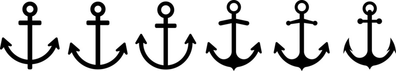 Anchors icons set on transparent background. Anchor in sea. Nautical symbol. Simple anchor collection flat style.