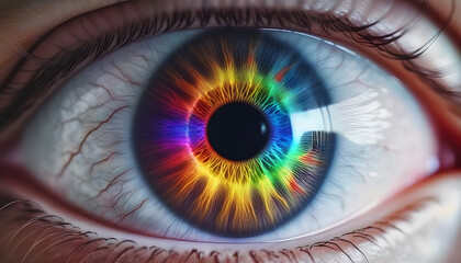 Human multicolored iris of the eye animation concept. Rainbow lines after a flash scatter out of a bright white circle and forming volumetric a human eye iris and pupil.  - obrazy, fototapety, plakaty