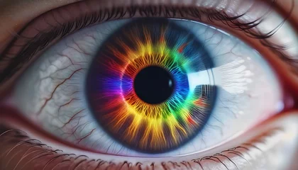 Foto op Aluminium Human multicolored iris of the eye animation concept. Rainbow lines after a flash scatter out of a bright white circle and forming volumetric a human eye iris and pupil.  © Antonio Giordano