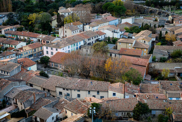 View of the Lower Town of Carcassonne from the Cité, a famous medieval citadel, Carcassonne, France