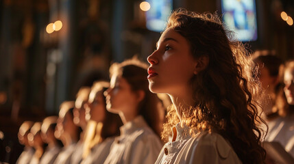 Palm Sunday Harmony of Voices:  A choir singing in harmony during a Palm Sunday service, capturing the essence of musical joy and devotion